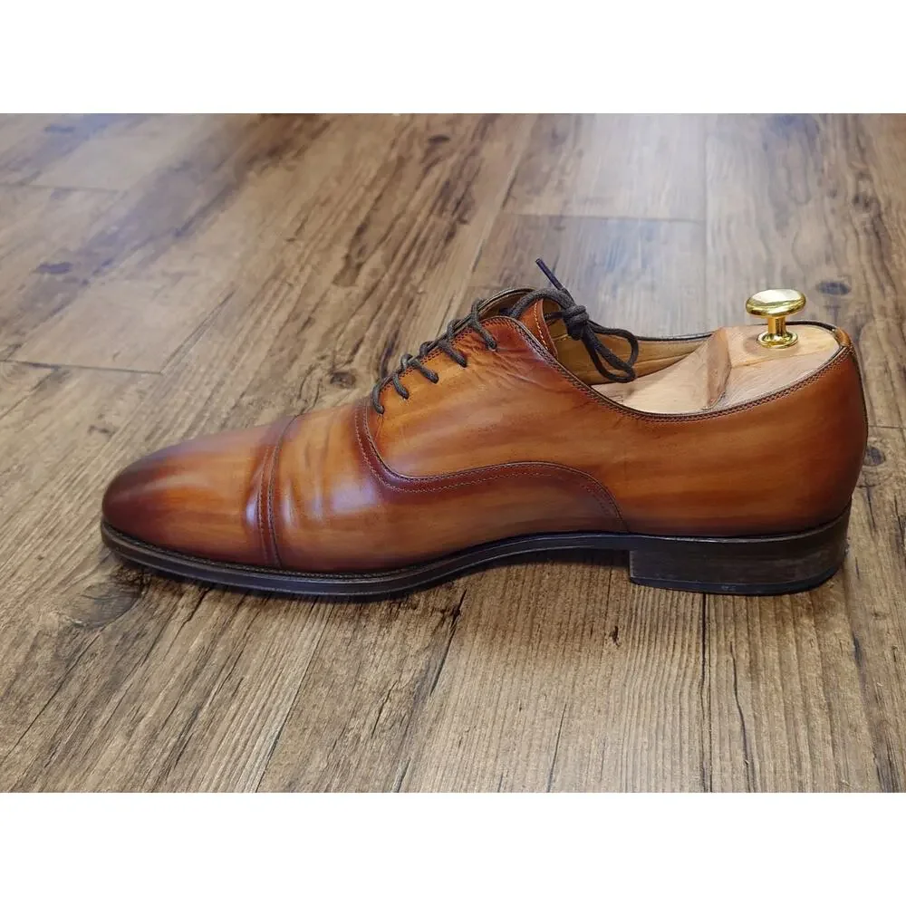 Magnanni Men’s Cap Toe 12M Tan Brown Burnished Leather Dress Shoes